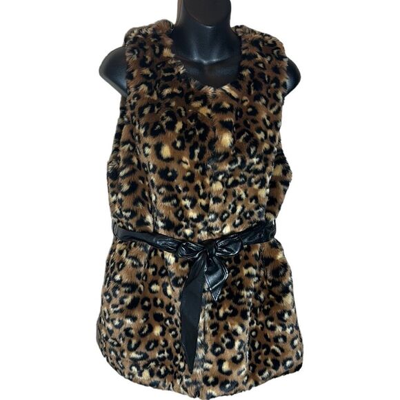 Forever 21 faux fur leopard long line sleeveless cardigan beltedmedium mob wife - Picture 1 of 6